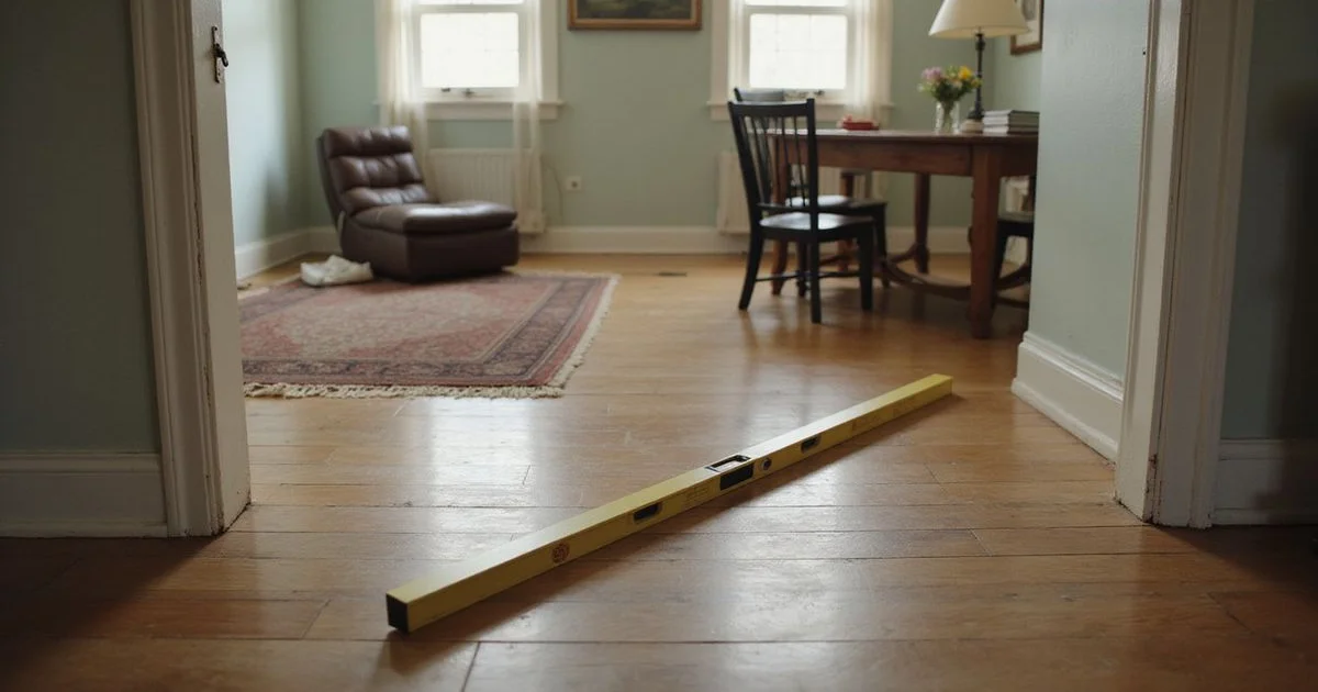 Sloping hardwood floor in an older Austin home with a long level resting across the boards