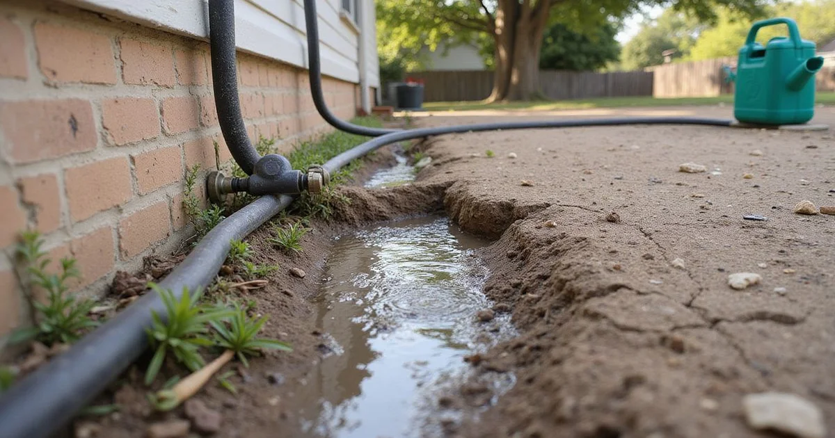 Soaker hose running along the perimeter of a Central Texas home foundation during a dry summer