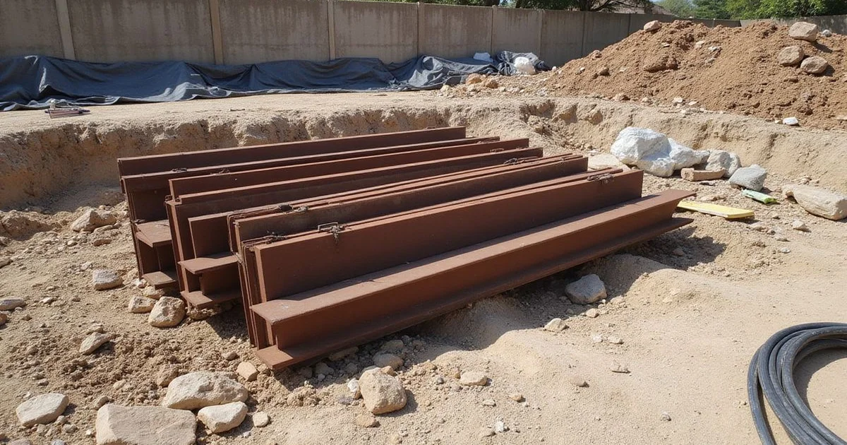 Steel pier sections staged beside an open foundation excavation at a residential job site