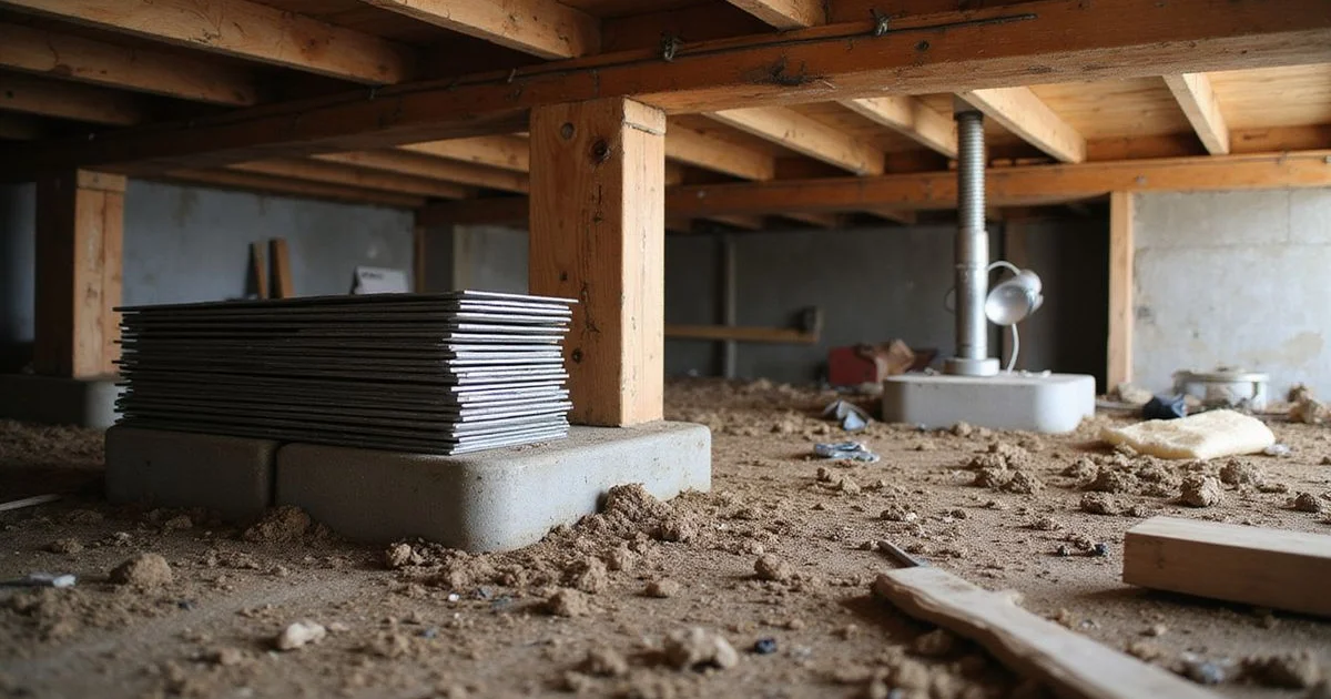 Steel shims and a screw-jack post supporting a wood floor beam in a crawlspace