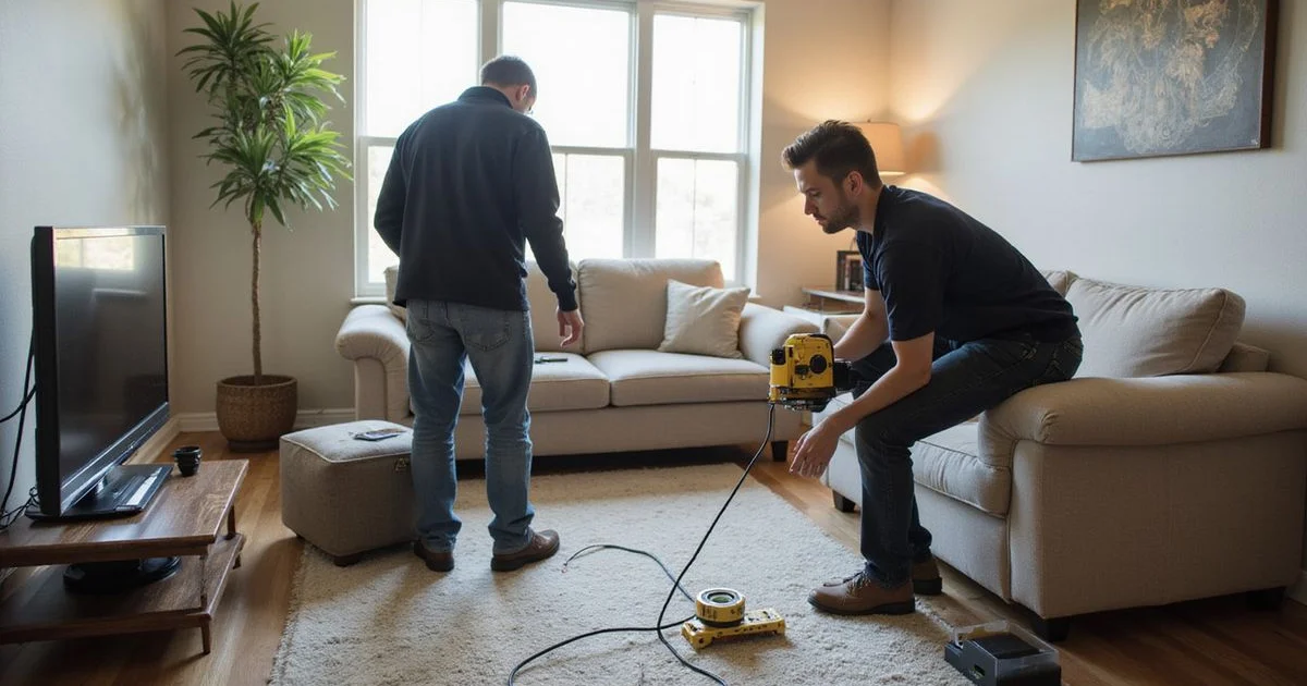 Technician taking floor elevation readings with a digital level in an Austin living room