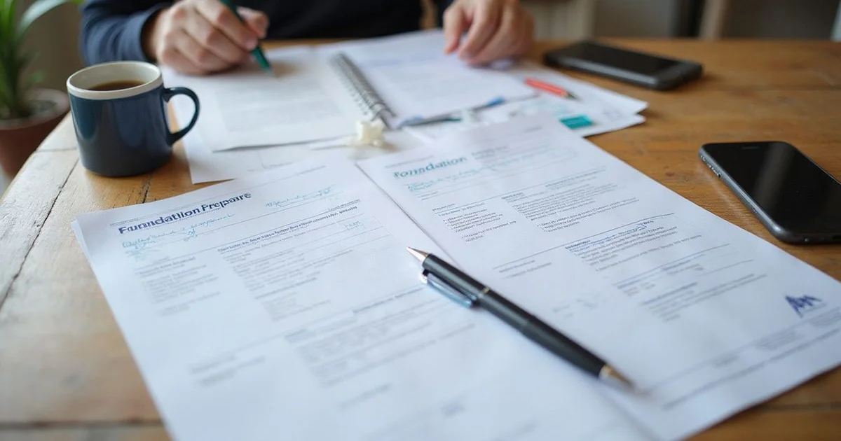 Two foundation repair proposals side by side on a desk with a pen and a notepad of comparison questions