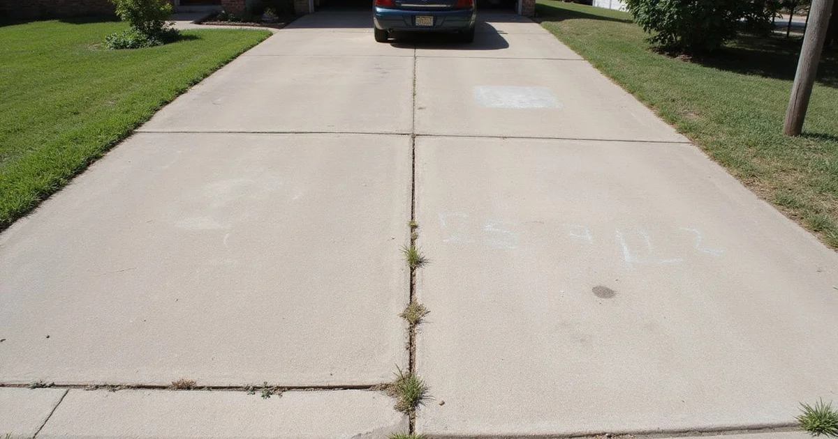 Uneven concrete driveway slab with a visible lip at the joint beside a Central Texas home