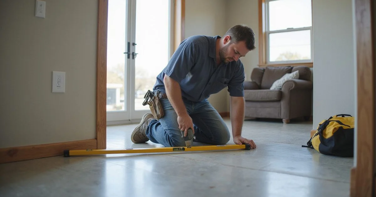 Worker checking floor level with a long level in a Central Texas home during an adjustment