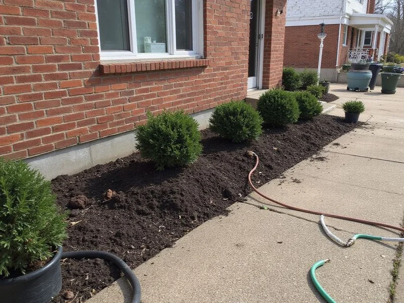 Backfilled and restored flowerbed beside a brick home after foundation work