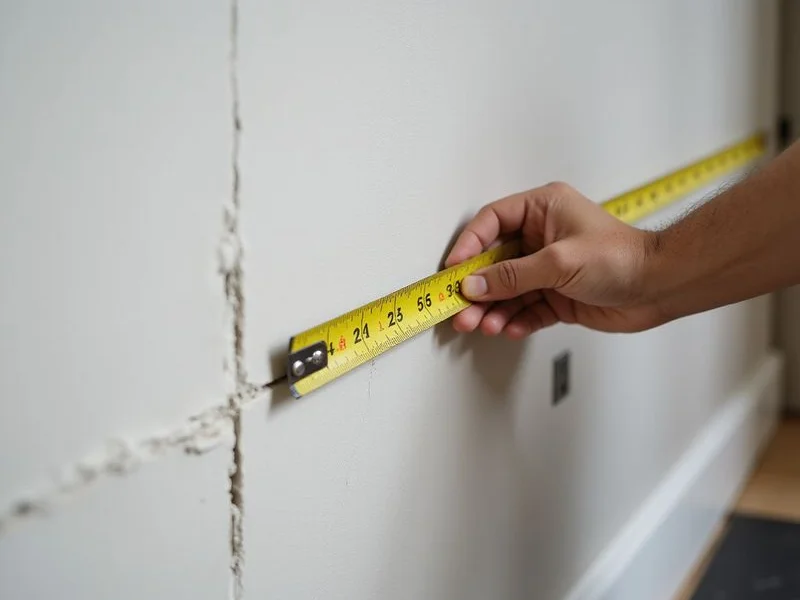 Measuring tape held across an interior drywall crack to record width and location