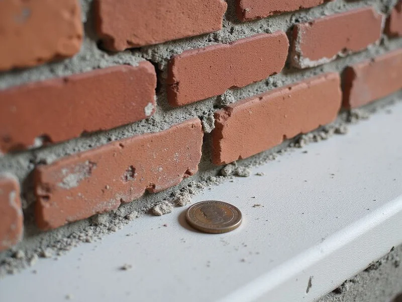 Close-up of separated mortar joints in brick veneer with an object placed beside for scale