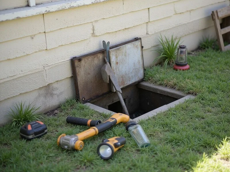 Crawlspace access hatch open beside an older Austin bungalow with tools staged outside