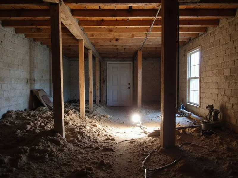 Crawlspace under an older Austin home showing wood girders, joists and support posts