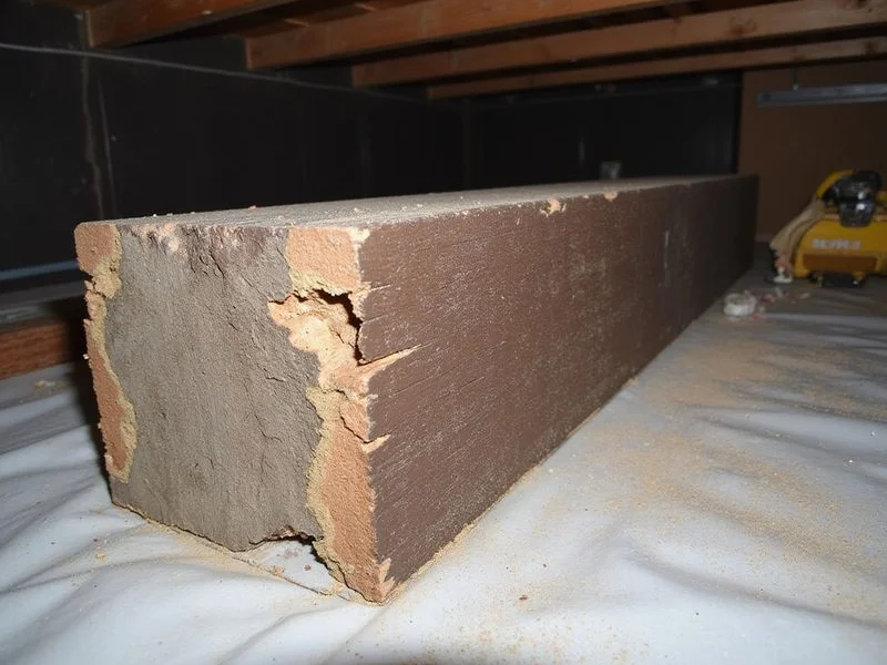 Deteriorated wood girder showing fungal decay beside a sound replacement section of timber