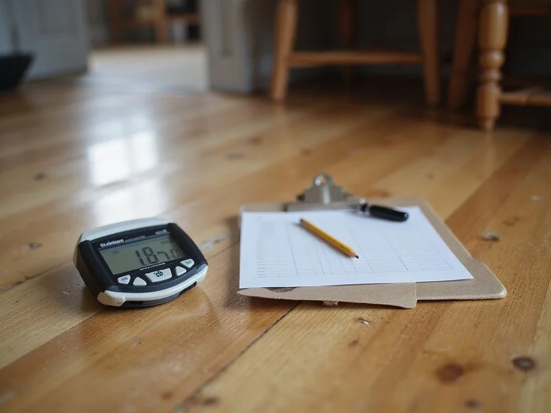 Digital manometer on a hardwood floor while relative elevation readings are recorded