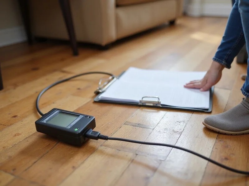 Digital manometer sensor on a hardwood floor while readings are recorded on a clipboard