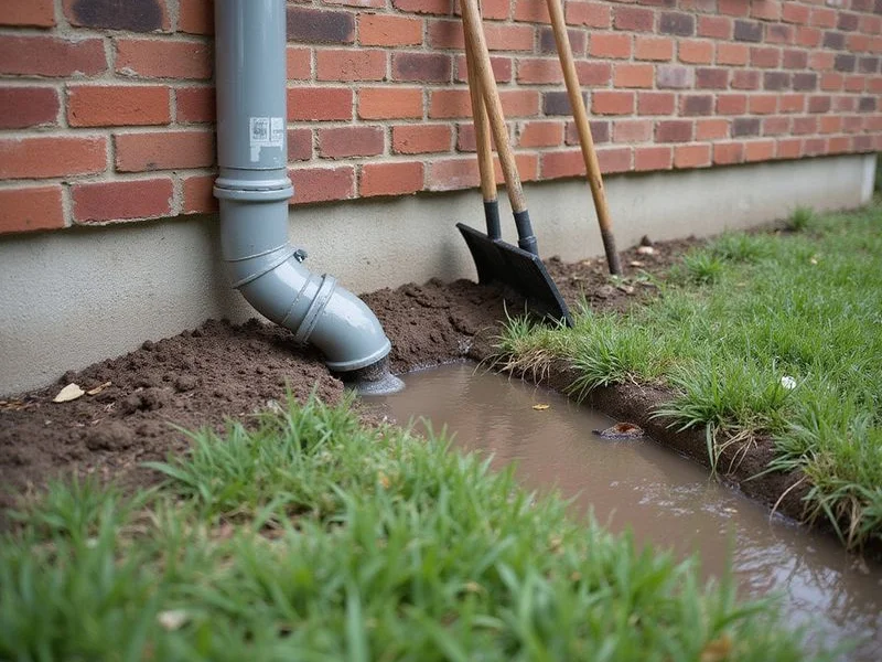 Downspout extension and regraded soil directing water away from a brick home foundation