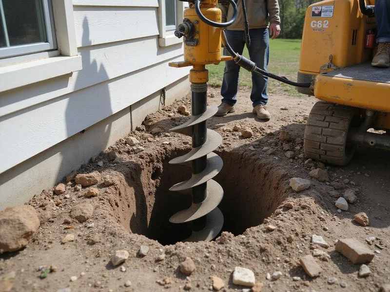 Drilled pier hole beside a home foundation with an auger rig positioned over the opening