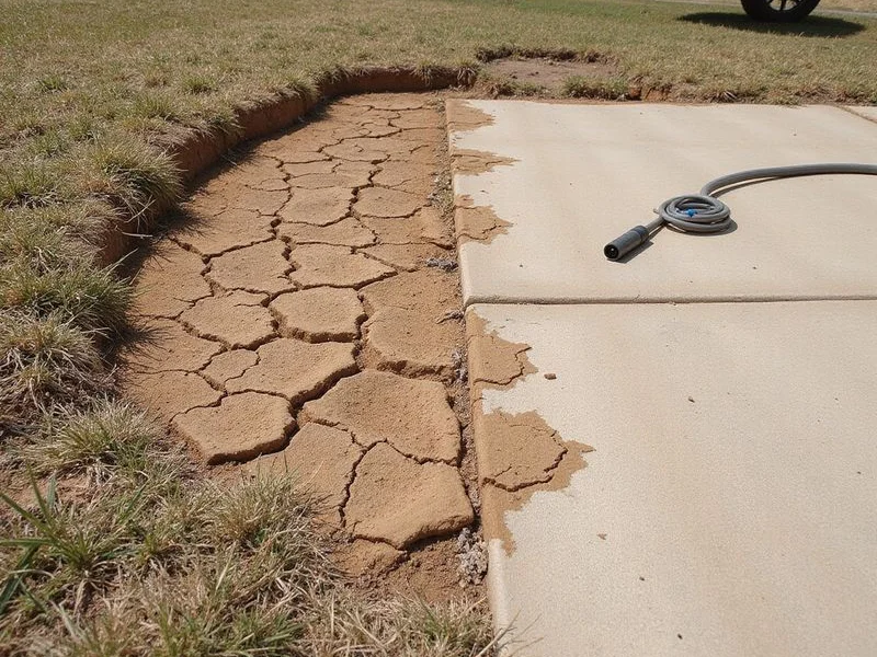 Dry cracked clay soil pulled away from the edge of a residential concrete slab