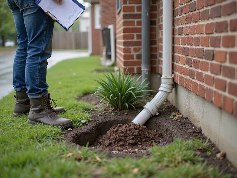 Evaluator examining grading and a downspout discharge point beside a brick home