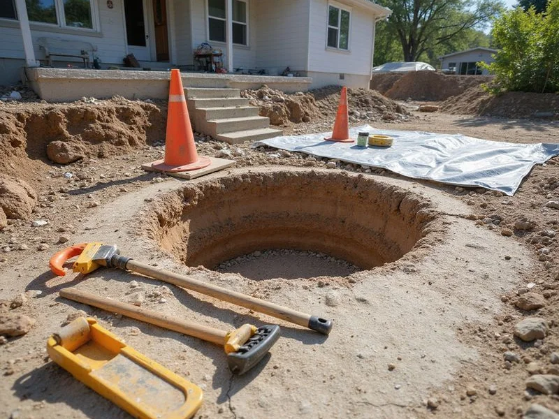 Excavated access point beside a residential slab foundation, with hand tools set down alongside