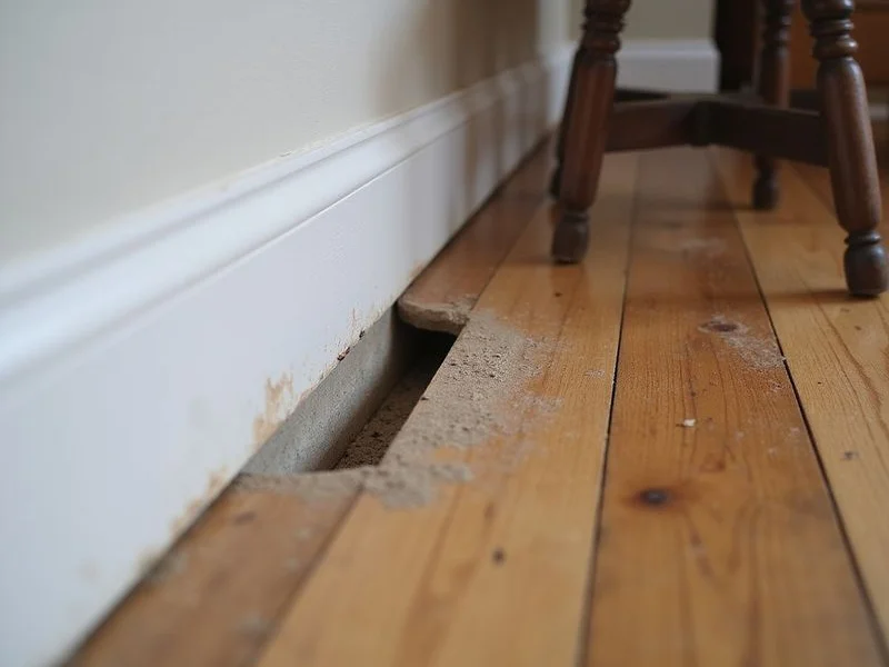 Gap opening between a baseboard and a hardwood floor along an interior wall
