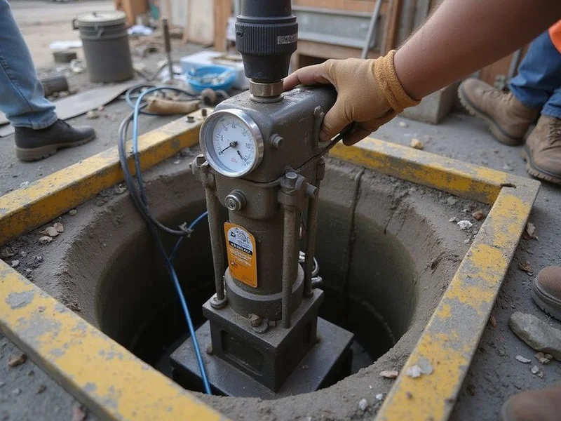 Hydraulic jacking equipment positioned in an access pit with pressure gauges visible