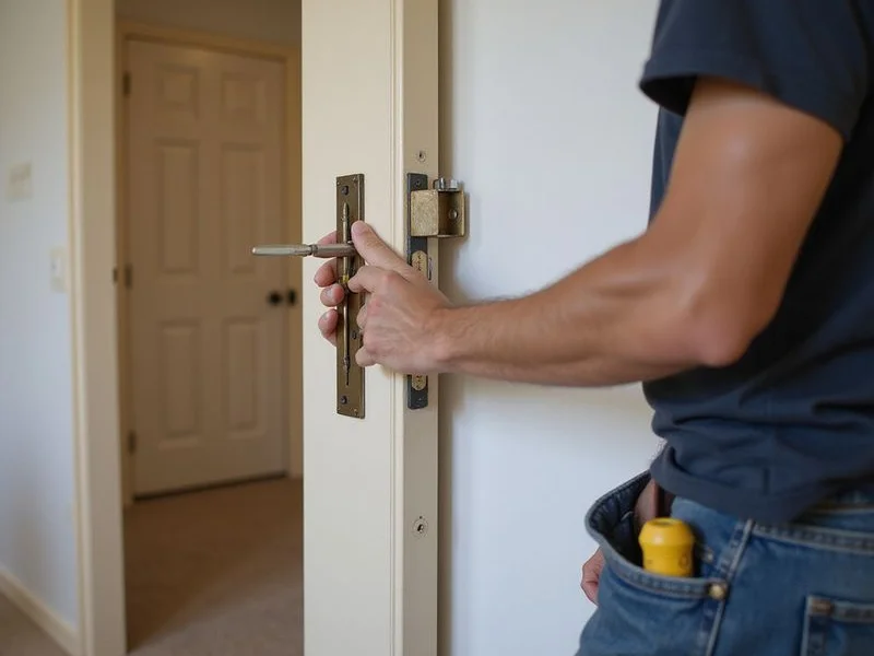 Interior door being checked for square alignment in its frame after a leveling adjustment