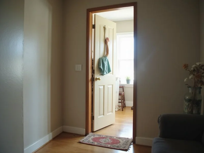 Interior door sitting misaligned in its frame with a visible gap at the top corner