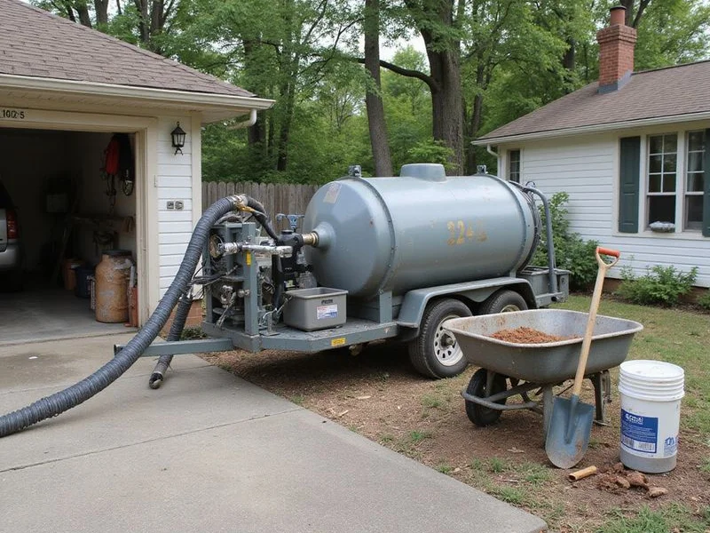 Mudjacking slurry pump and hose set up beside a residential driveway