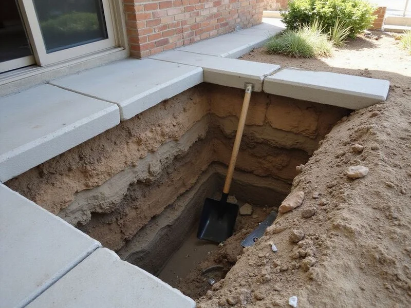 Open excavation beside a grade beam showing soil layers and the underside of a concrete slab