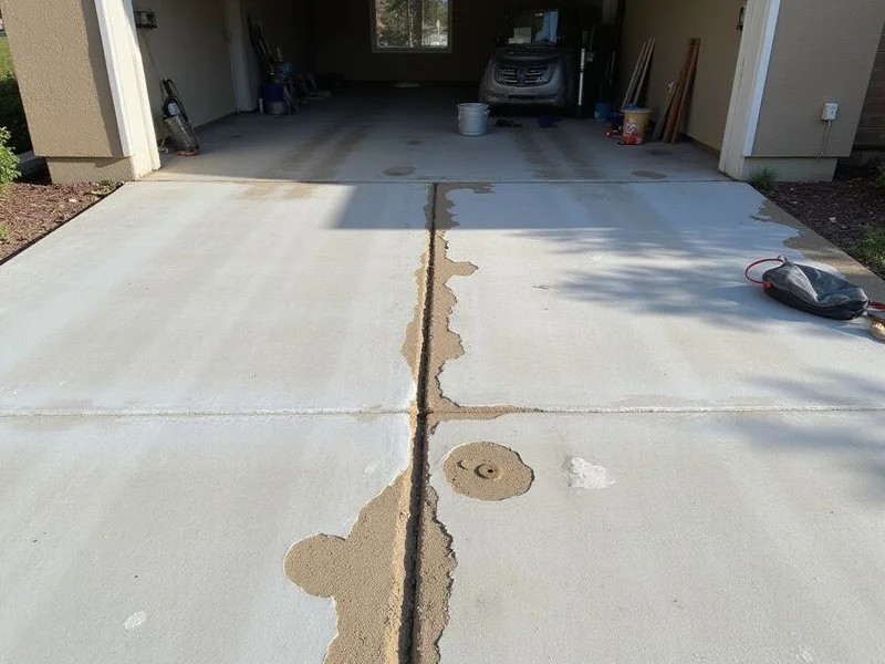 Patched injection holes and a freshly sealed expansion joint on a levelled concrete driveway