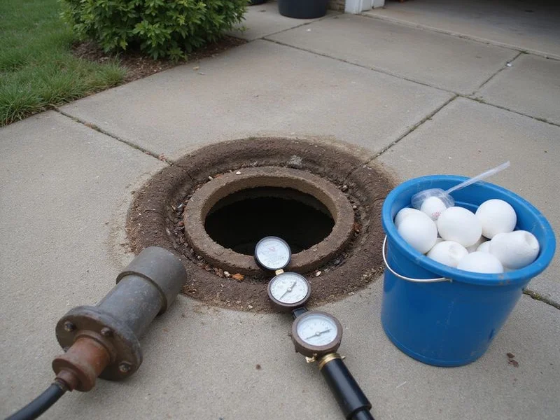 Plumbing cleanout with hydrostatic test equipment staged beside it on a residential driveway