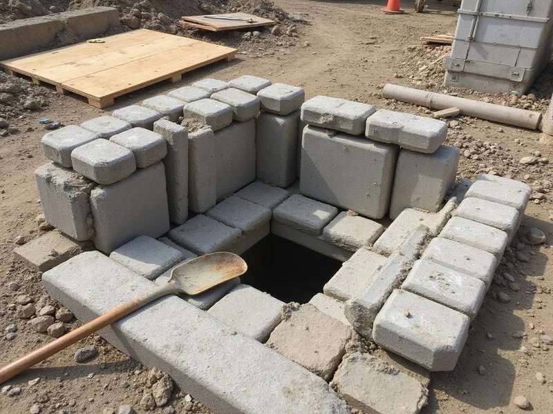 Pressed concrete cylinder segments stacked beside an open access pit