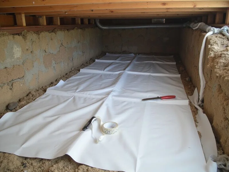 Reinforced polyethylene vapour barrier laid across bare soil in a residential crawlspace