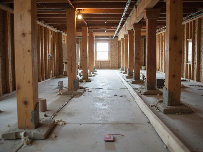 Row of new support posts installed under floor joists in a crawlspace after leveling work