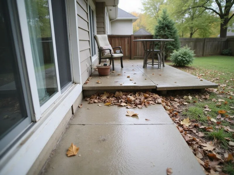 Settled patio slab beside a home with a visible gap where it has pulled away from the wall