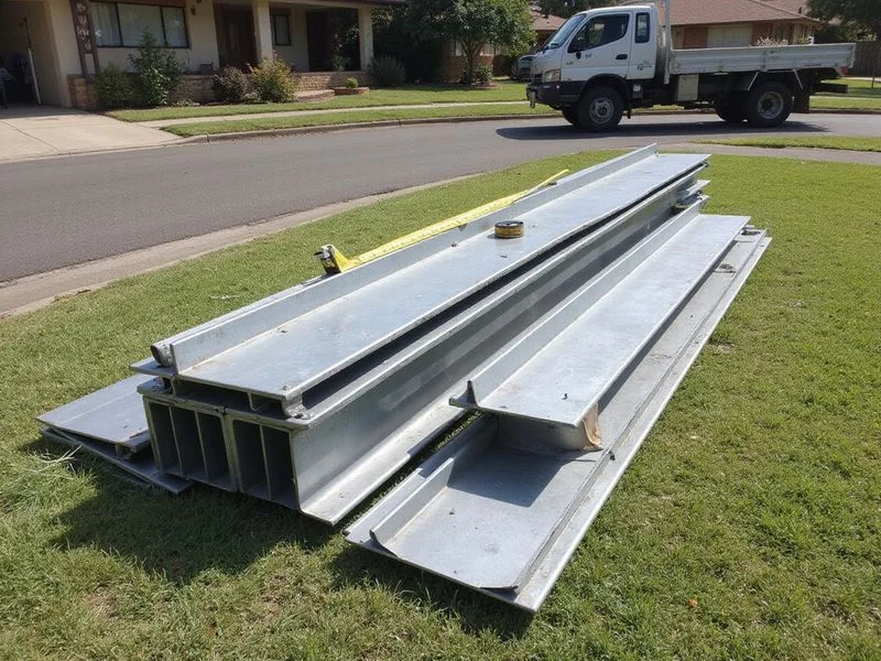 Stack of steel pier sections and brackets laid out on a residential lawn before installation