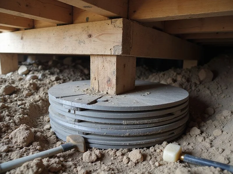 Steel shims stacked on a pier cap beneath a wood girder in a crawlspace