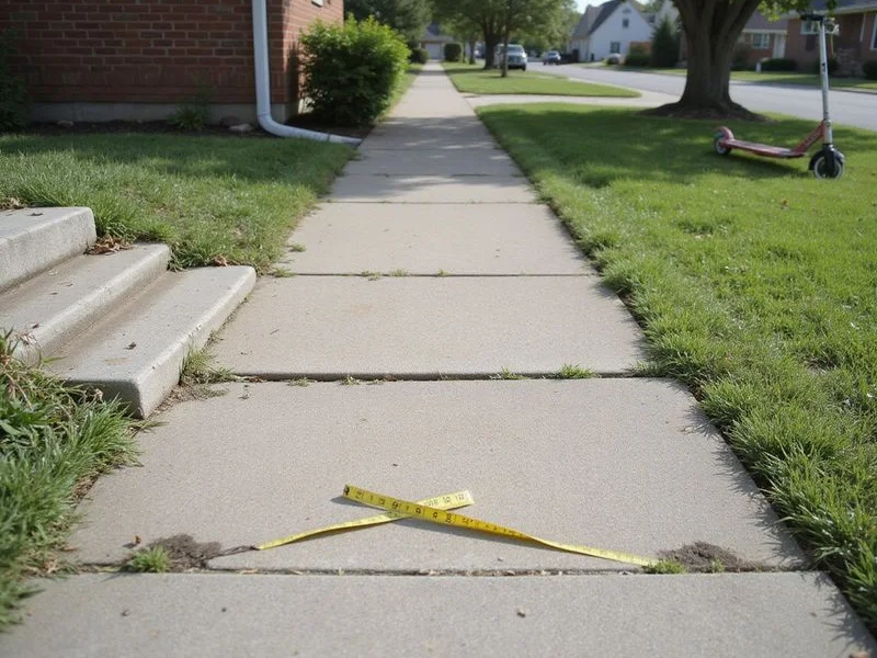 Uneven sidewalk panels forming a trip hazard with a tape measure across the lip