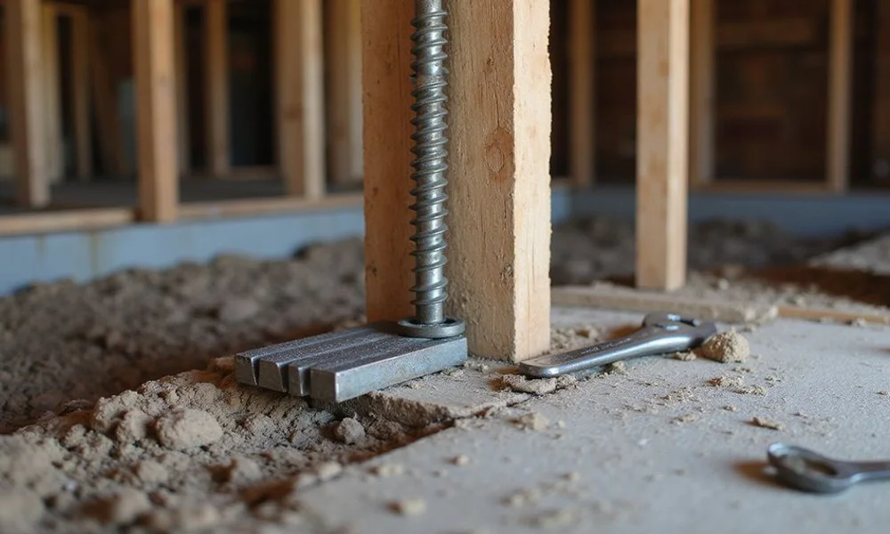 Adjustable screw-jack post supporting a wood girder in a crawlspace with steel shims stacked beside it