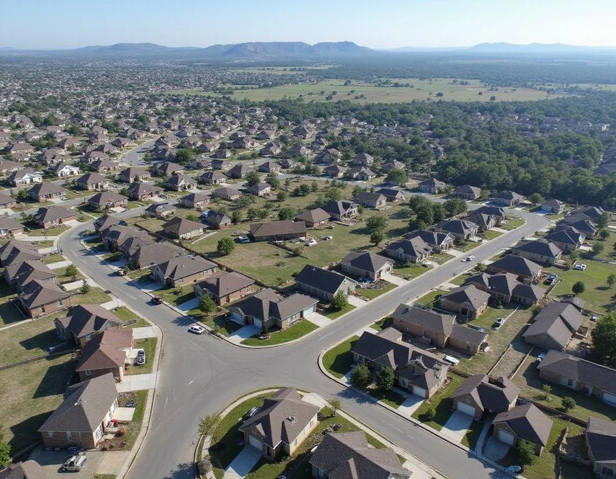 Aerial view of Central Texas residential neighbourhoods running west toward the limestone hills