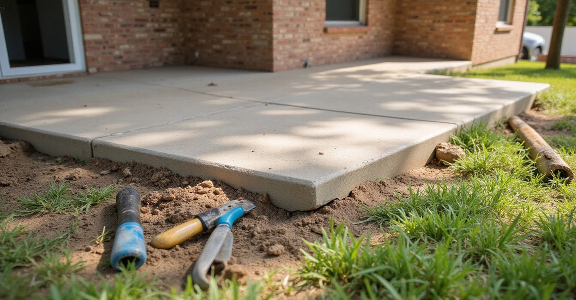 Concrete slab edge of a Central Texas brick veneer home with soil pulled back and hand tools nearby