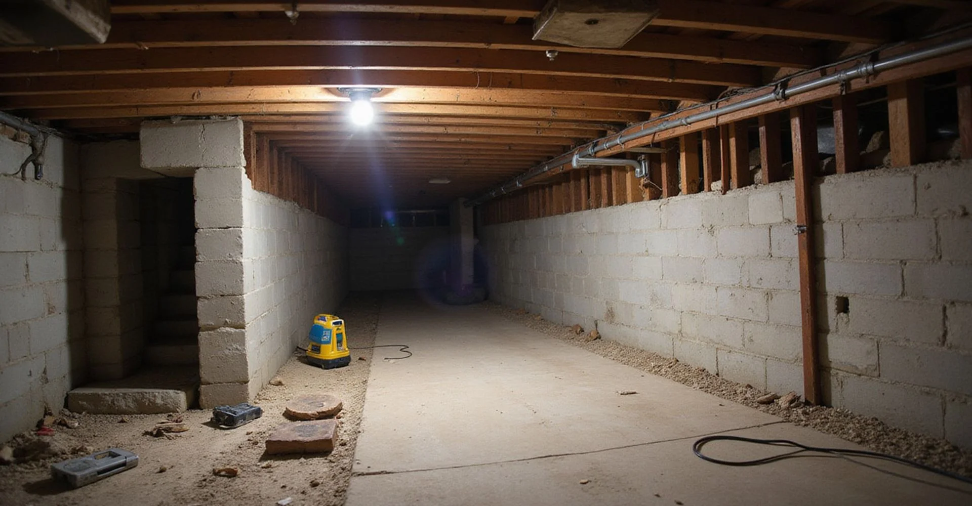 Crawlspace under an older Austin home showing wood girders, joists and masonry piers lit by a work lamp