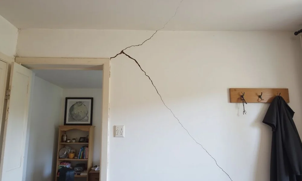 Diagonal drywall crack running from an interior door frame corner toward the ceiling