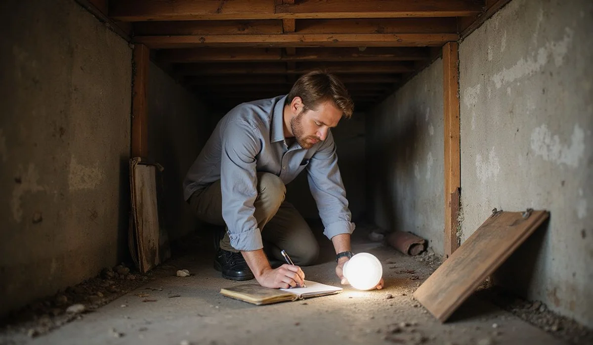 Evaluator crouching at a crawlspace opening under an older Austin home with a work lamp and notebook