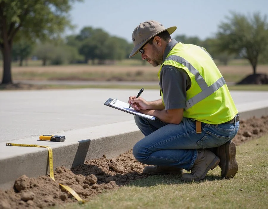 Evaluator kneeling beside a Central Texas slab edge, writing elevation readings on a clipboard
