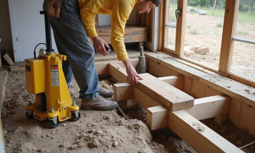 Hydraulic jack and temporary cribbing supporting a wood girder during incremental lifting
