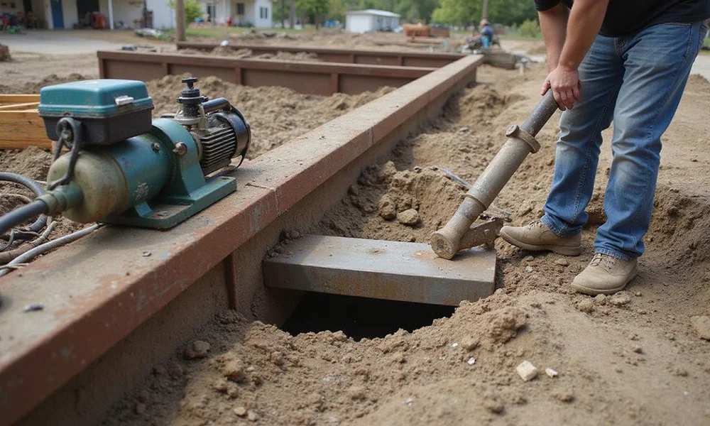 Hydraulic ram driving a steel pier section into the ground beside a residential grade beam