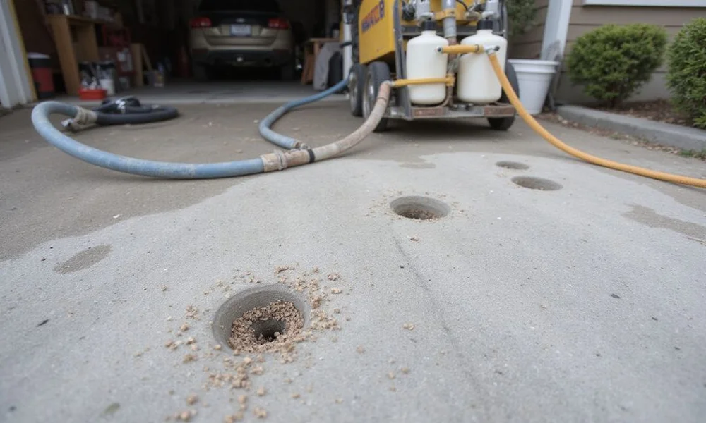Polyurethane foam injection ports drilled in a concrete slab with a hose connected