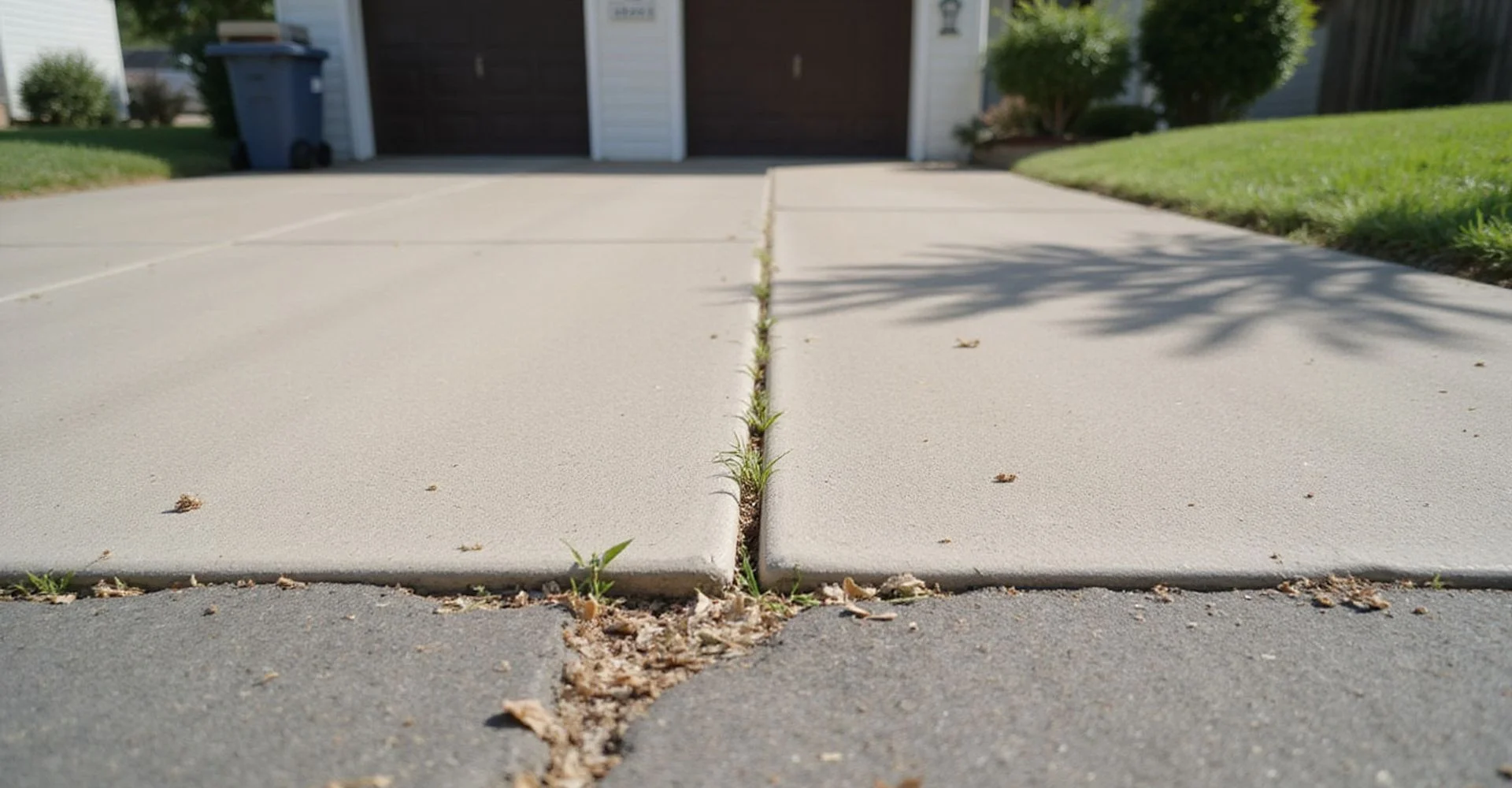 Settled concrete driveway slab with a visible lip at the joint beside a Central Texas home