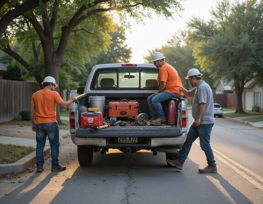 Small foundation crew loading hand tools and elevation equipment into a work truck on an Austin street