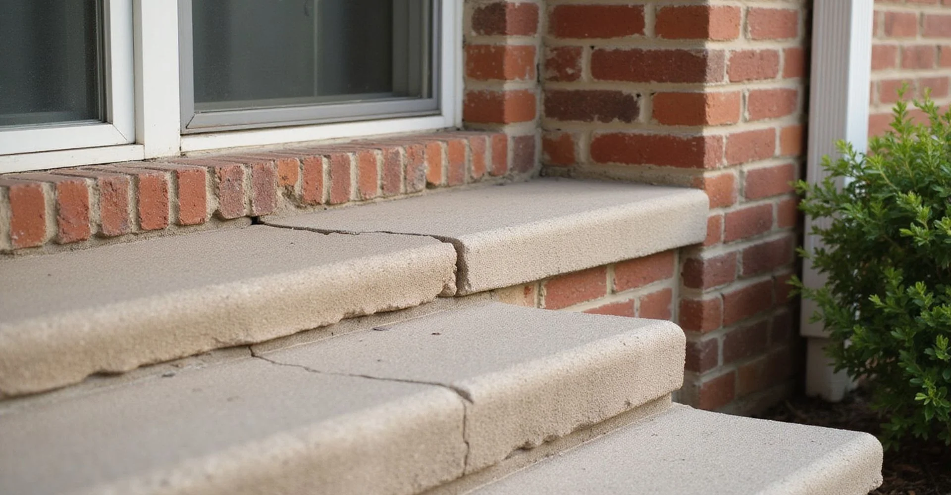 Stair-step crack running through exterior brick veneer near a window corner of a Central Texas home