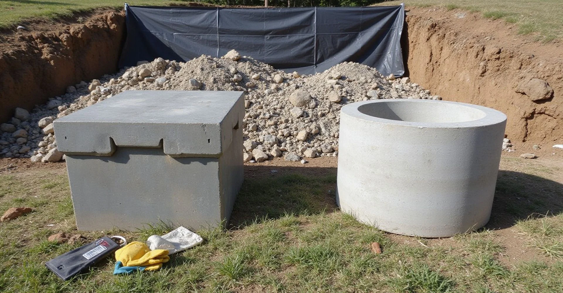 Steel pier sections and pressed concrete cylinders staged beside a foundation excavation